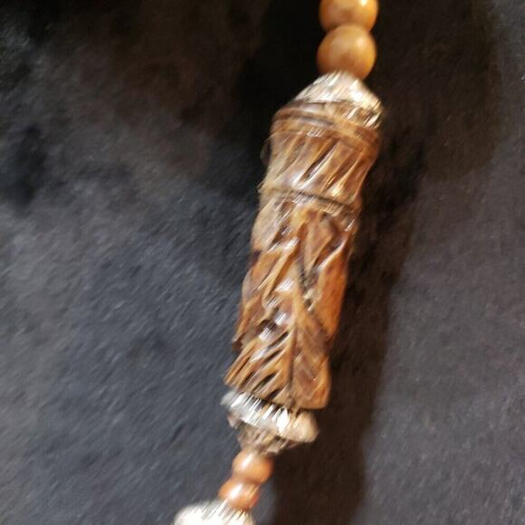 Womens Fashion Brown Wood Tibetan Agate Bead Pendant Necklace with Lobster Clasp - Picture 3 of 6